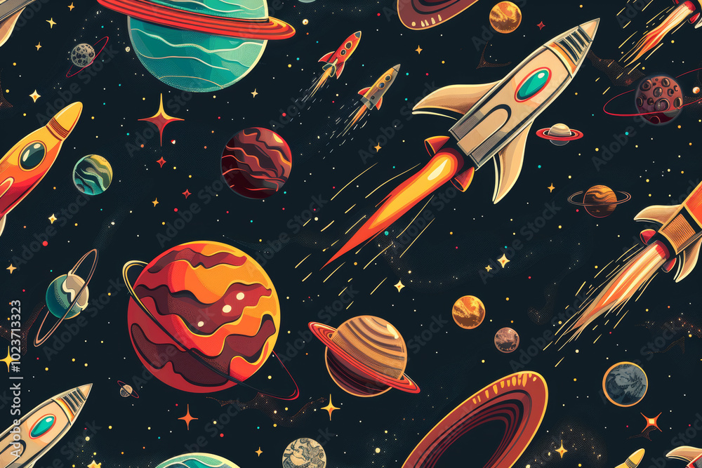 A colorful space scene with planets and rockets
