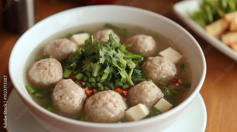 Delicious Meatball Soup with Fresh Herbs and Tofu Delicious Meatball Soup with Fresh Herbs and Tofu