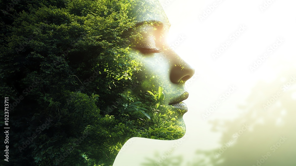 Photorealistic double exposure of a woman s serene face blending with nature Photorealistic double exposure of a woman s serene face blending with nature