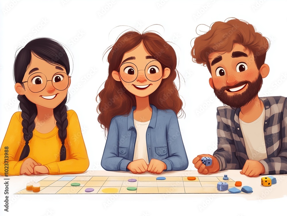 Cartoon illustration of three people playing board games