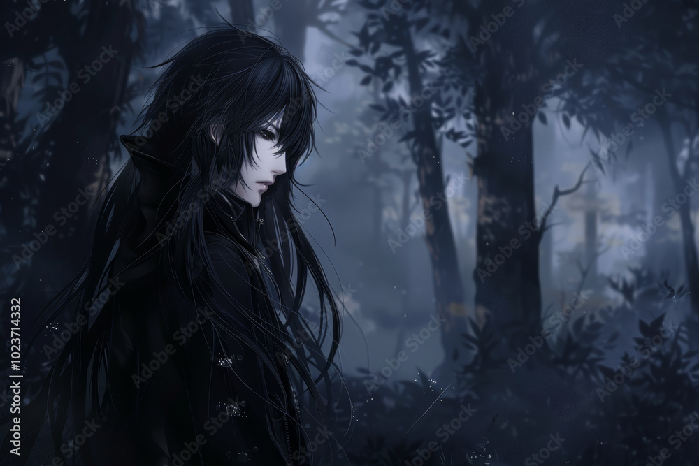 A woman with long black hair stands in a dark forest A woman with long black hair stands in a dark forest