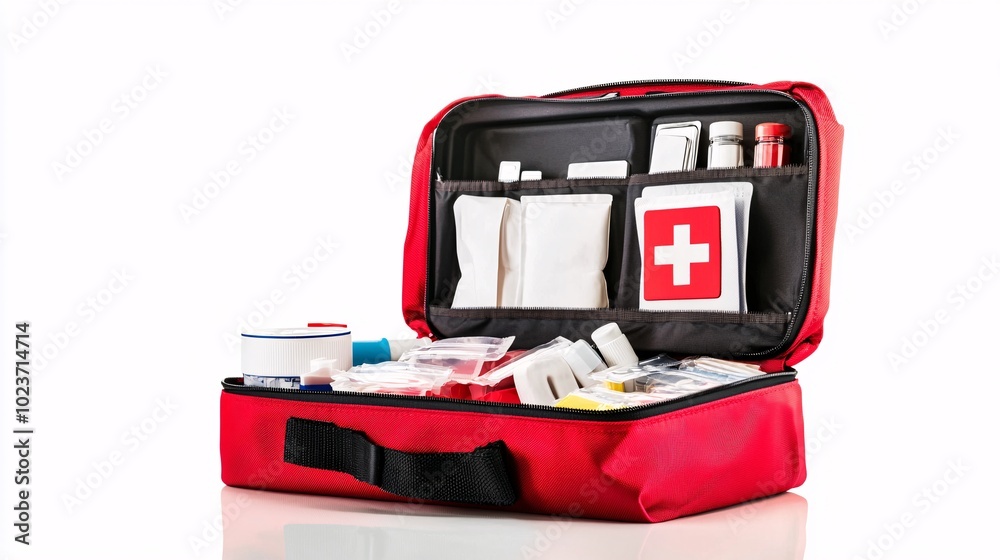 First Aid Kit Neatly Arranged for Emergency Use First Aid Kit Neatly Arranged for Emergency Use