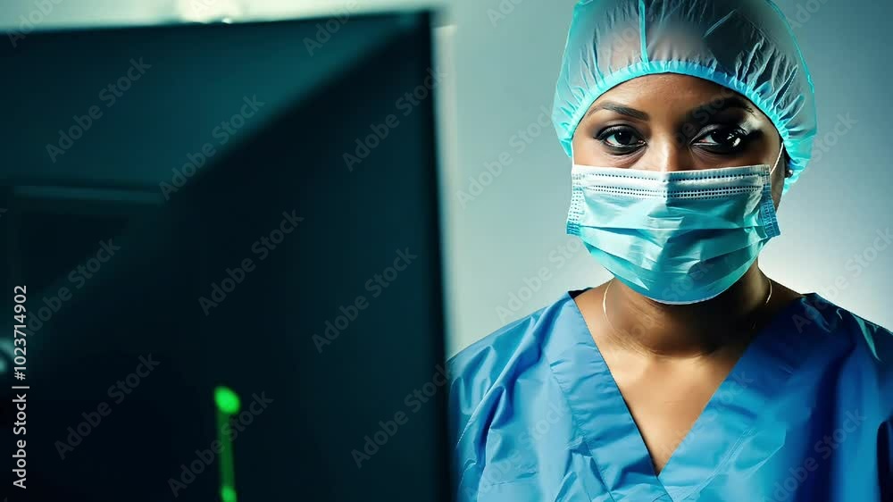 Medical professional wearing a mask and surgical cap, working at a computer Medical professional wearing a mask and surgical cap, working at a computer