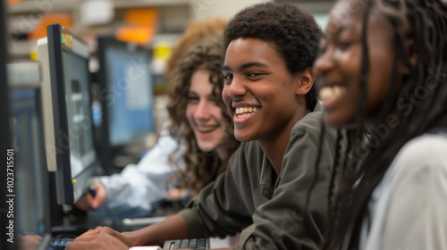 Wallpaper Mural Engaging teenagers work together on computer assignments, sharing ideas and laughter in a lively classroom setting Torontodigital.ca