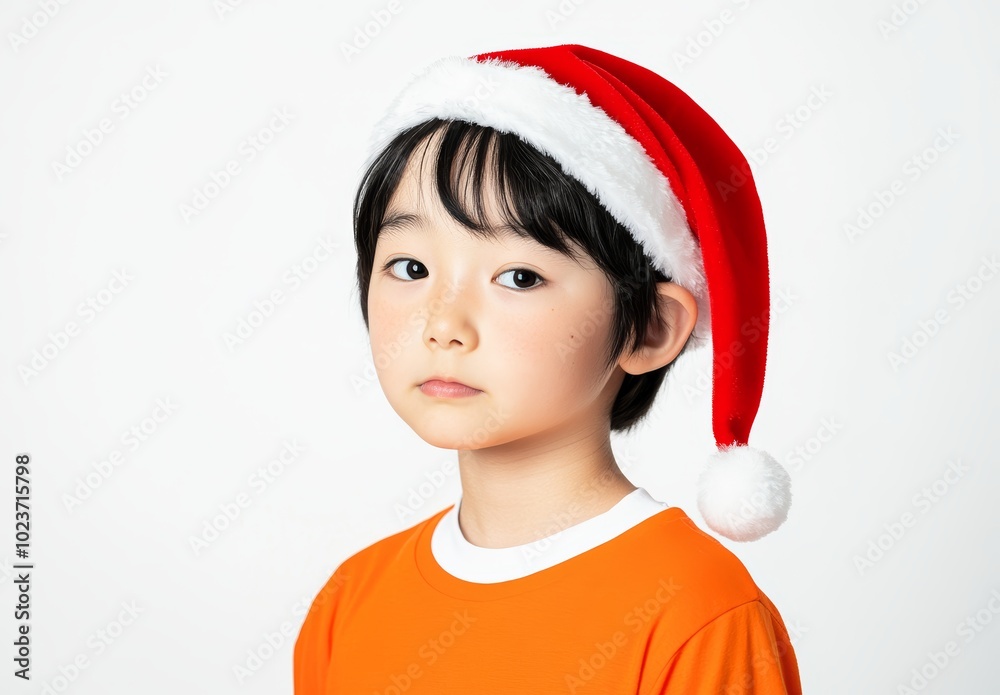 赤いサンタ帽をかぶった子供がオレンジの服を着て真剣な表情をしている冬のポートレート 赤いサンタ帽をかぶった子供がオレンジの服を着て真剣な表情をしている冬のポートレート