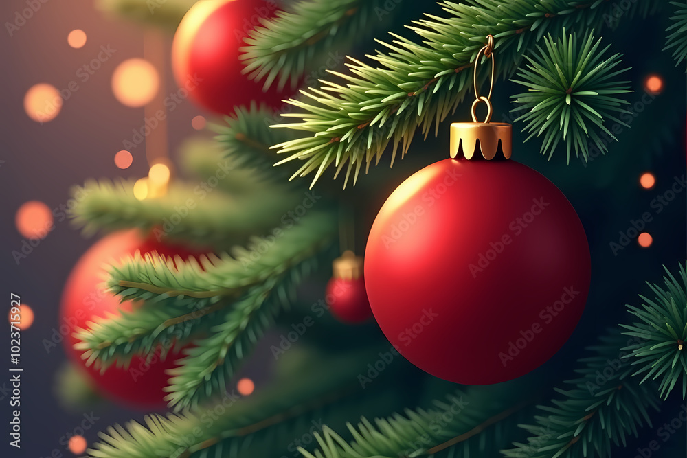 Christmas illustration of a close-up of a pine branch with a solid red Christmas ornament, copy space, greeting card design. Christmas illustration of a close-up of a pine branch with a solid red Christmas ornament, copy space, greeting card design.