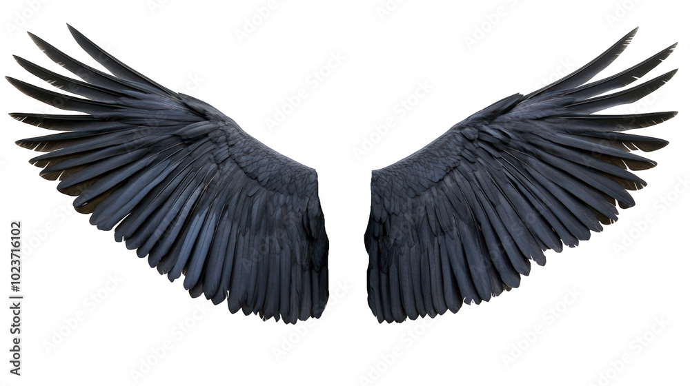 Dark Angel Wings on White Background: Glossy Black Feathers with Blue Sheen, Mystical Design Element