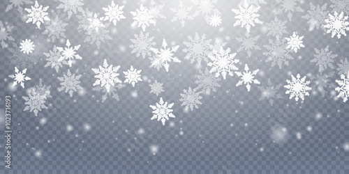 Christmas cold blizzard effect with snow. Vector texture Cold winter wind with snowflakes on transparent background.