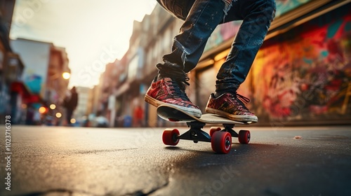 Close-up of skateboarders foot doing a trick