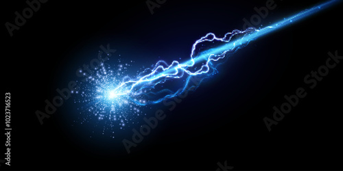 Bright blue glow of lightning. Realistic effect of bright electric lightning discharge. Vector 10 EPS
