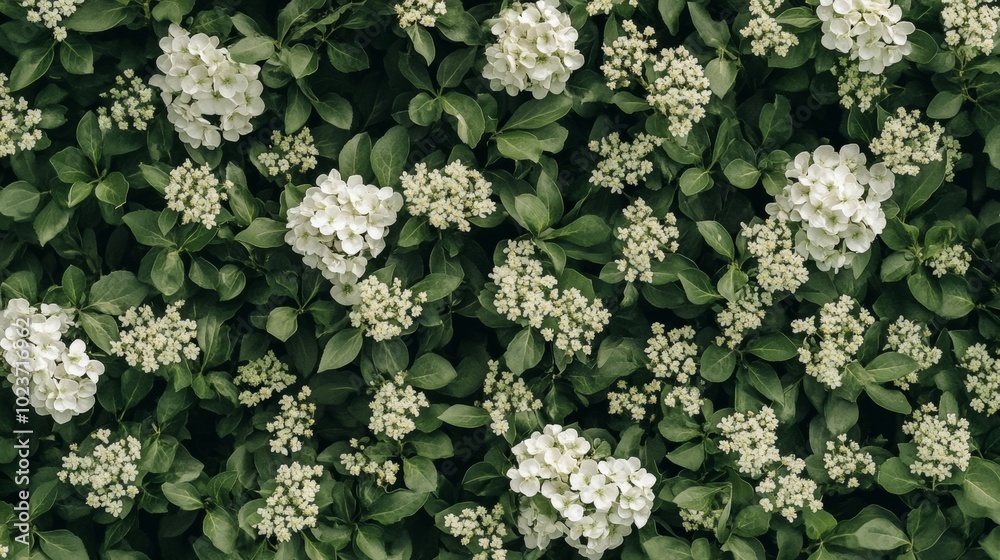 Shrubby greenery, white blossoms Shrubby greenery, white blossoms