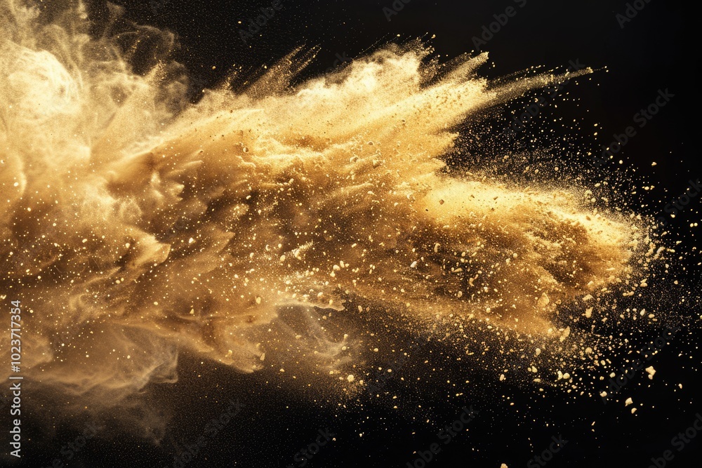 Golden sand explosion on black background. Yellow sand cloud. Golden sand explosion on black background. Yellow sand cloud.