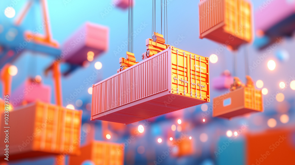 A large shipping container hangs suspended in the air, surrounded by smaller containers, showcasing global trade and logistics.