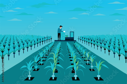 Bioengineering in agriculture, with a person working in a field of genetically modified crops.