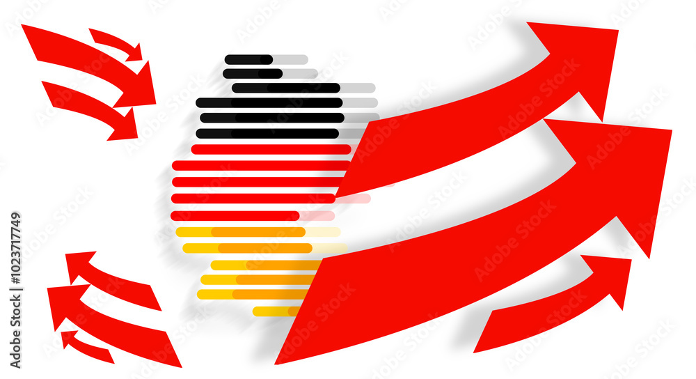 map of Germany and red arrows upwards and downwards, red as warning or crisis and solution or worst case and critics map of Germany and red arrows upwards and downwards, red as warning or crisis and solution or worst case and critics
