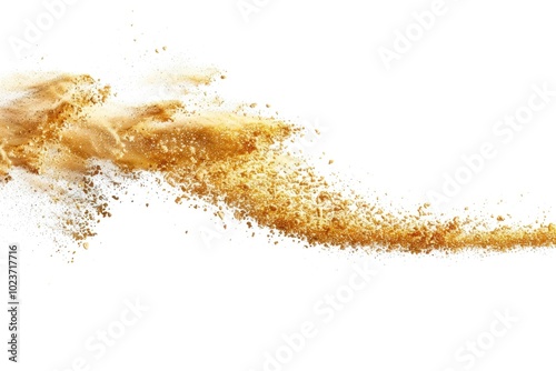 Sand explosion with golden waves and abstract clouds on white background.