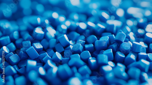 Closeup of blue plastic polypropylene granules, masterbatch polymer grain with shallow dof. HDPE or PVC resin pellets. 3d render illustration photo