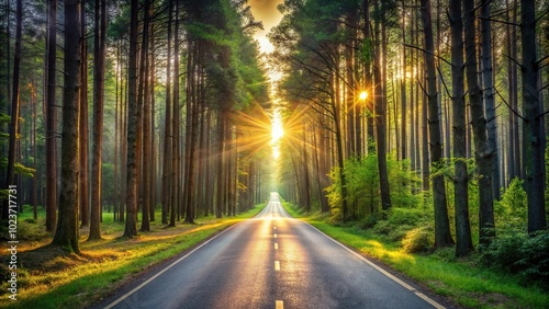 Symmetrical sunset and sunrise in the forest, road in the morning