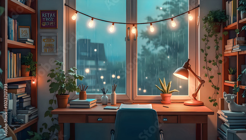 Cozy Home Office with Rain and String Lights.