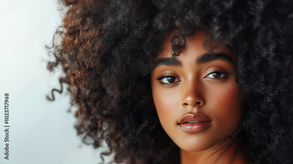 Close-up portrait of a young woman with curly hair, her brown eyes looking intensely at the camera. Close-up portrait of a young woman with curly hair, her brown eyes looking intensely at the camera.