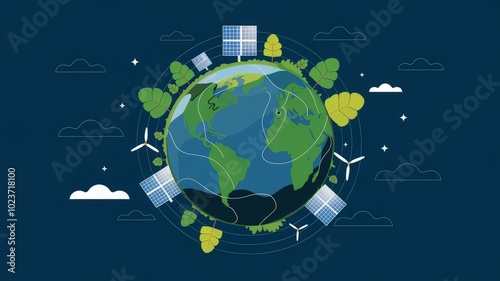 Illustration of a green planet with eco-friendly elements like solar panels, wind turbines, and trees, symbolizing sustainability and environmental protection photo