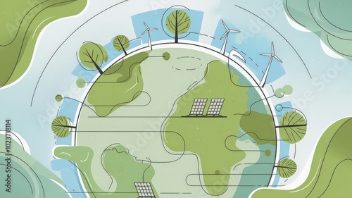 Illustration of a green planet with eco-friendly elements like solar panels, wind turbines, and trees, symbolizing sustainability and environmental protection photo