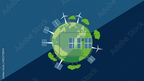 Illustration of a green planet with eco-friendly elements like solar panels, wind turbines, and trees, symbolizing sustainability and environmental protection photo