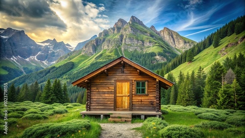 Symmetrical wooden cabin in a thick green mountain forest