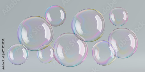 Transparent circle soap bubbles float in bath water, 3D glycolic sphere. Rainbow glass ball reflects suds. Liquid drops, gradient contrast flare on gray, wash design elements, air balloons in wind.
