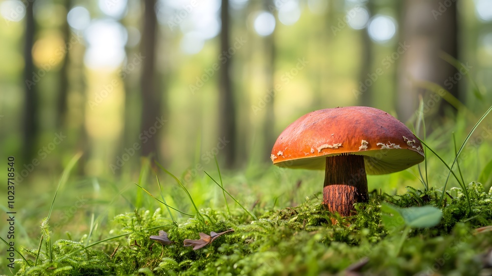 A mushroom growing in the grass, with its cap and stem visible through the dense green foliage A mushroom growing in the grass, with its cap and stem visible through the dense green foliage