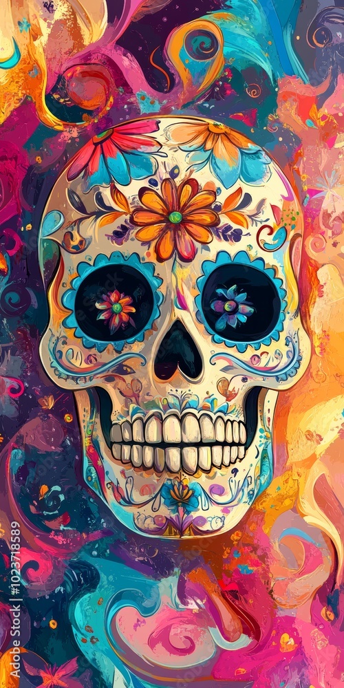 Day of the Dead icons on a colorful abstract backdrop. Day of the Dead icons on a colorful abstract backdrop.