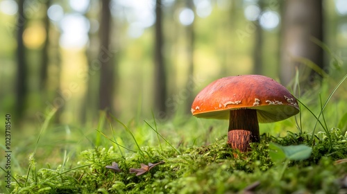 A mushroom growing in the grass, with its cap and stem visible through the dense green foliage