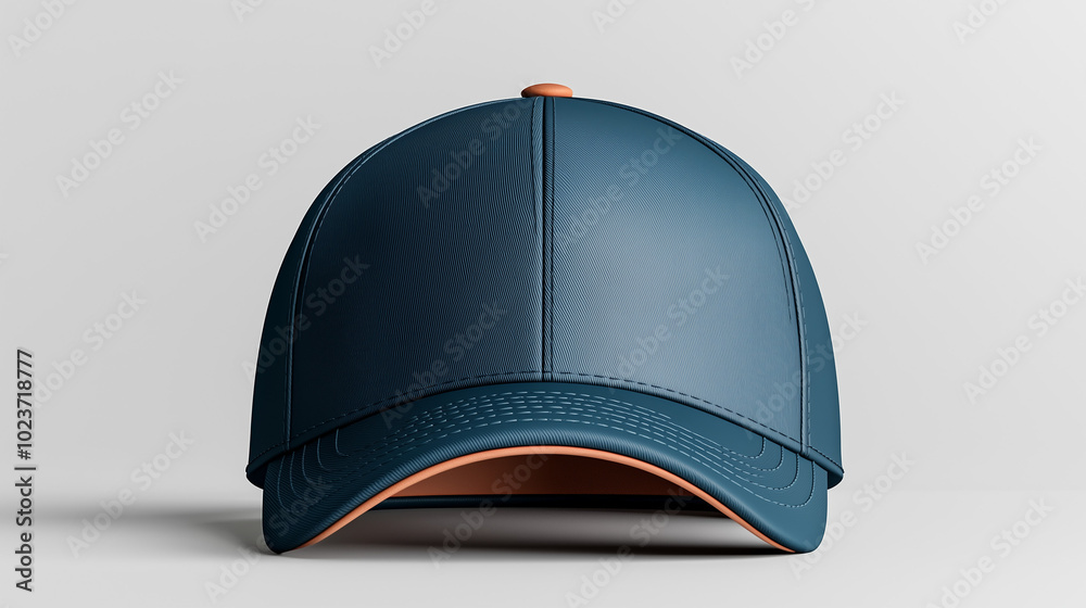 A dark blue baseball cap with an orange brim. A dark blue baseball cap with an orange brim.
