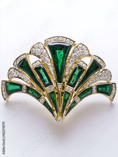 Intricate silver brooch adorned with emerald gemstones, sparkling against a soft white background. photo