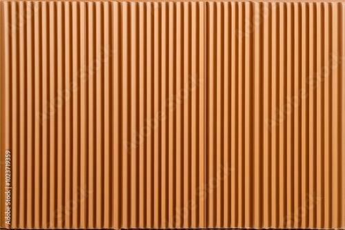 Close-up of a vertical corrugated brown metal sheet showcasing a textured surface pattern with uniform grooves, highlighting industrial and architectural design themes. photo