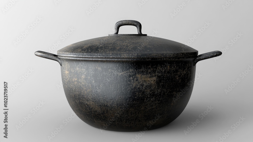 A round black iron pot with a textured surface, sitting on a transparent background, showcasing its timeless utility for cooking or decor purposes. A round black iron pot with a textured surface, sitting on a transparent background, showcasing its timeless utility for cooking or decor purposes.