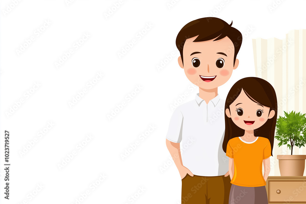 Happy cartoon couple standing together near a potted plant in a bright room Happy cartoon couple standing together near a potted plant in a bright room