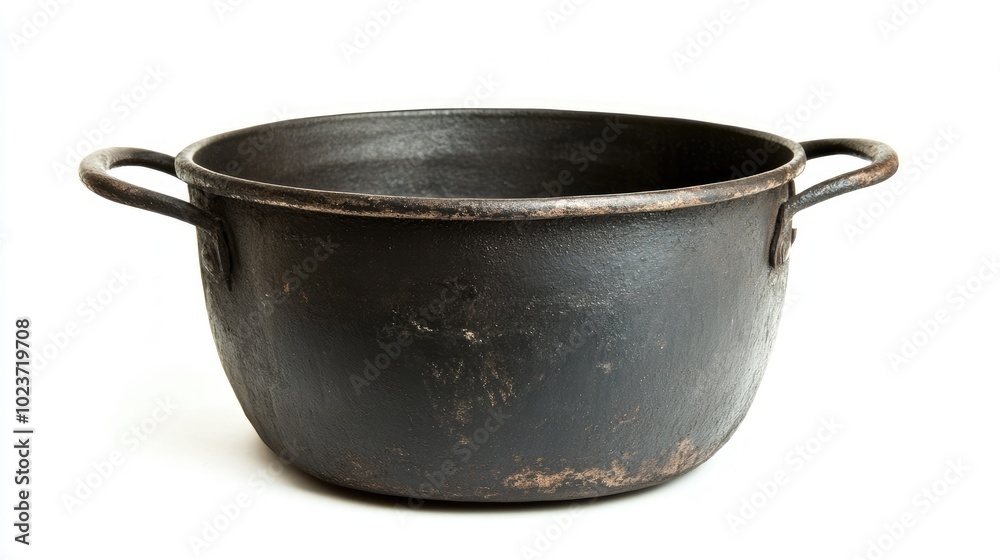 A sturdy black iron pot with a sleek design, isolated on a white background, emphasizing its durability and vintage charm for kitchenware concepts. A sturdy black iron pot with a sleek design, isolated on a white background, emphasizing its durability and vintage charm for kitchenware concepts.
