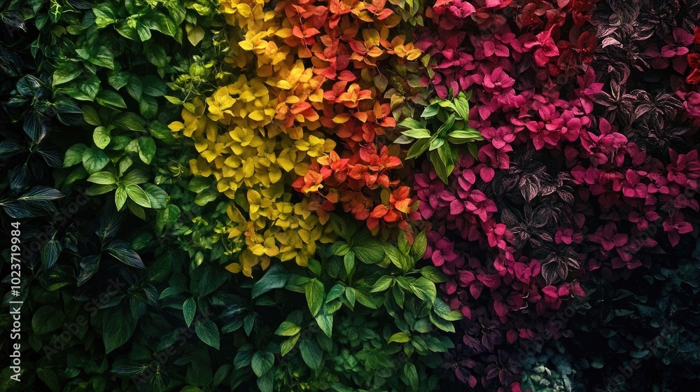 A vibrant vertical garden with colorful foliage, creating a lush wall of greenery and nature's beauty. A vibrant vertical garden with colorful foliage, creating a lush wall of greenery and nature's beauty.