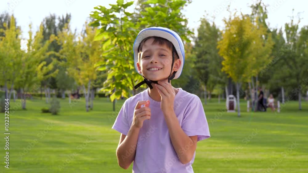 happy boy enjoys relaxing and riding a skateboard, bicycle, scooter in a park filled with greenery. face of happy boy removing protective helmet showing a smile. happy boy enjoys relaxing and riding a skateboard, bicycle, scooter in a park filled with greenery. face of happy boy removing protective helmet showing a smile.
