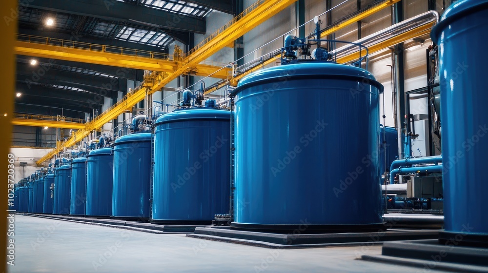 Close-up of large blue industrial tanks in a modern processing plant, surrounded by advanced machinery. No people.
