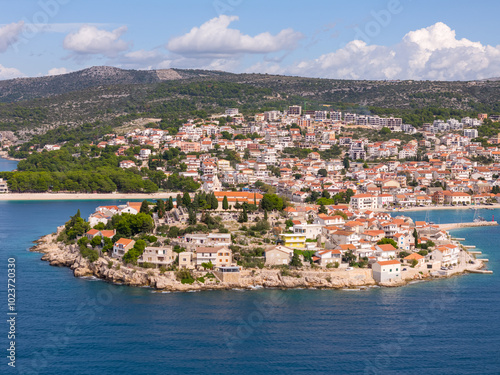 Aerial drone photo of the coastal town and peninsula of Primosten in Croatia.