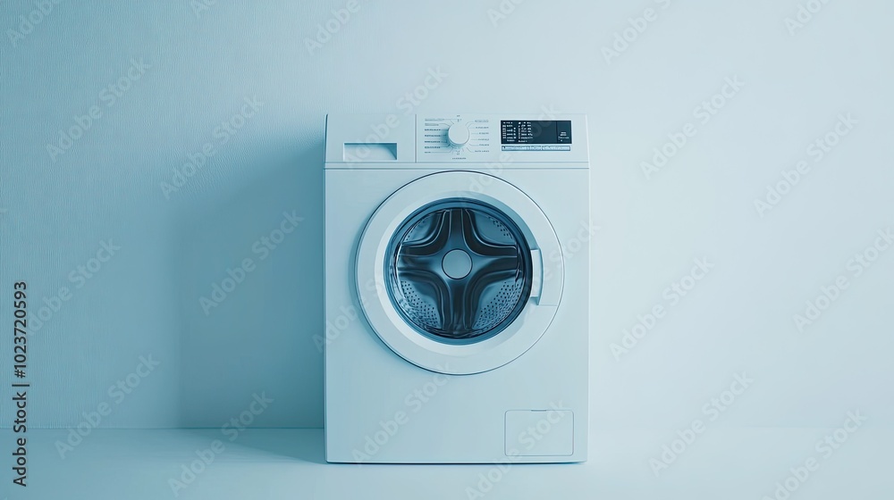 Minimalist white washing machine isolated against a white background, showcasing home appliance innovation.