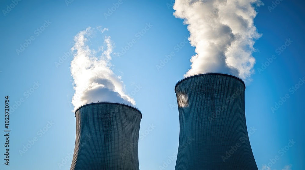 Close-up of power plant chimneys emitting smoke into the atmosphere, set against a clear blue sky, symbolizing energy production. No people. Close-up of power plant chimneys emitting smoke into the atmosphere, set against a clear blue sky, symbolizing energy production. No people.