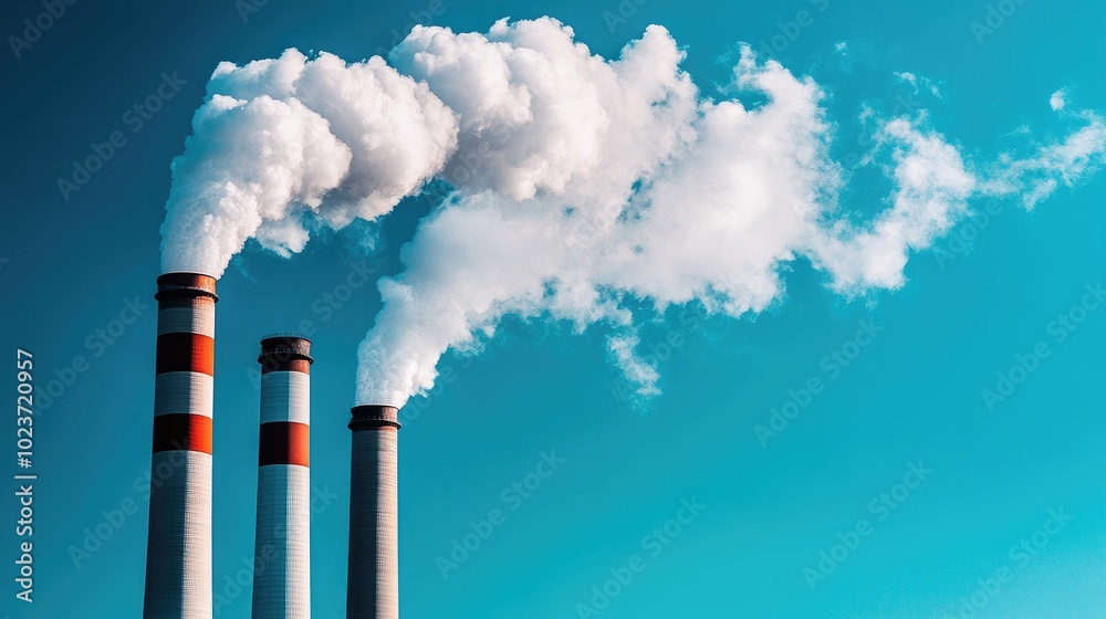 Close-up of smoke billowing from power plant chimneys, with a blue sky backdrop, showcasing industrial energy production. No people. Close-up of smoke billowing from power plant chimneys, with a blue sky backdrop, showcasing industrial energy production. No people.