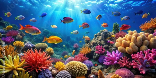 Colorful coral reef underwater with fish swimming around, coral, reef, sea life, underwater, marine, ecosystem, fish