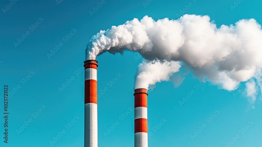 Close-up of smoke rising from power plant chimneys under a clear blue sky, symbolizing industrial energy production. No people. Close-up of smoke rising from power plant chimneys under a clear blue sky, symbolizing industrial energy production. No people.