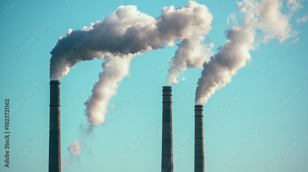 Close-up of tall chimneys at a power plant emitting thick smoke into the sky, with a clear blue backdrop, representing energy production. No people. Close-up of tall chimneys at a power plant emitting thick smoke into the sky, with a clear blue backdrop, representing energy production. No people.