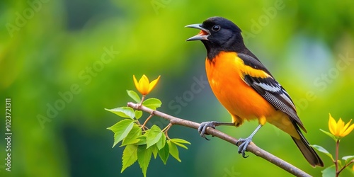 Oriole perched on a branch singing in a tree , Oriole, bird, singing, treetop, branch, nature, wildlife, colorful
