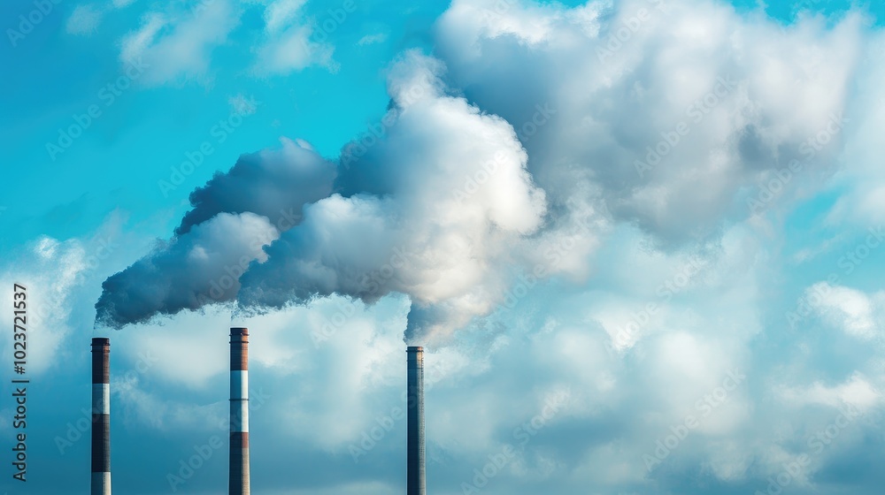 Close-up of thick smoke rising from power plant chimneys, set against a blue sky, representing industrial energy production. No people. Close-up of thick smoke rising from power plant chimneys, set against a blue sky, representing industrial energy production. No people.